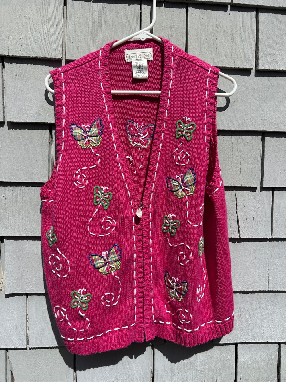 Mandal Bay Fuchsia Butterfly Embroidered Knit Vest- large - ramie/cotton